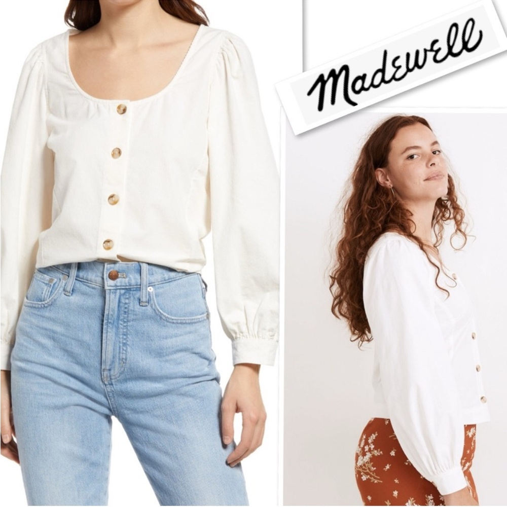 MADEWELL Corduroy Shirred-Sleeve Button-Front Top (Med)